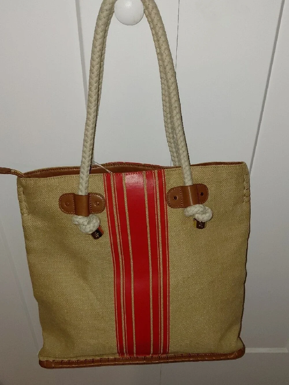 (Rare)Tory Burch Beige Canvas Tote with Red Stripe and Logo